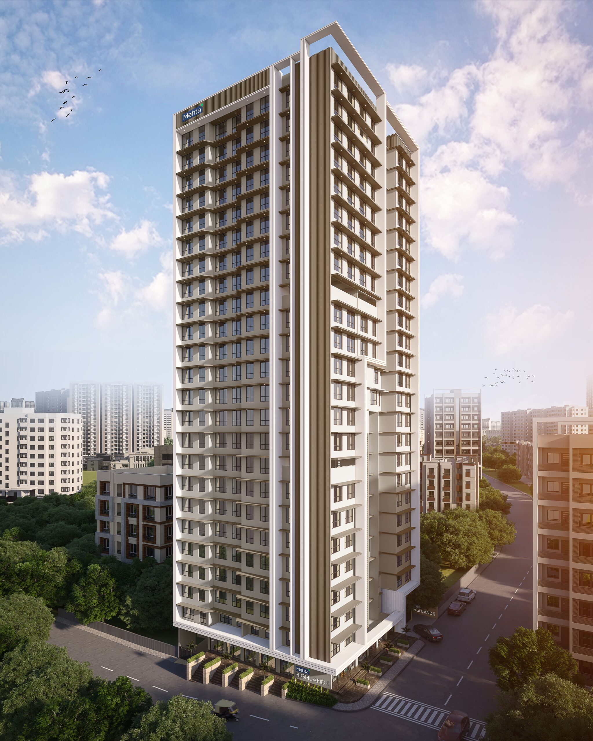 A modern high-rise residential tower by Mehta, offering premium apartments with elegant design city living.