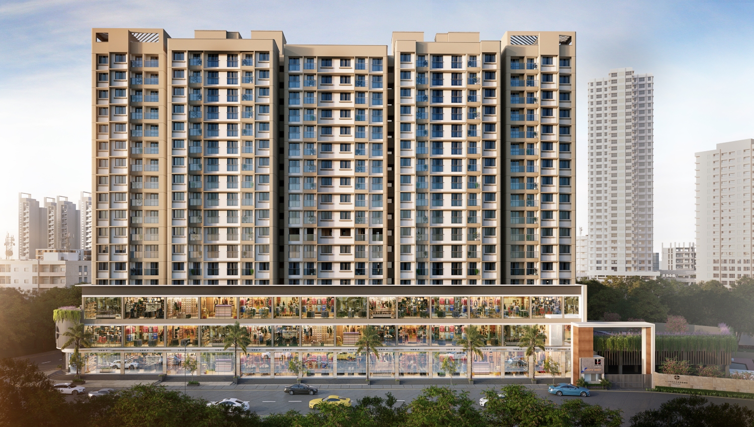 A contemporary mixed-use development combining stylish residential towers with vibrant retail shops, delivering a seamless urban living and shopping experience.