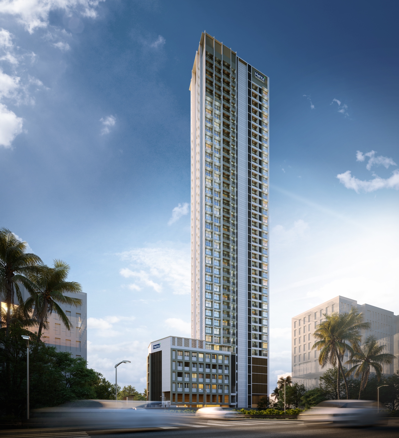 A striking, contemporary high-rise residential tower by Mehta, showcasing sophisticated architectural design and commanding views of the metropolitan skyline.