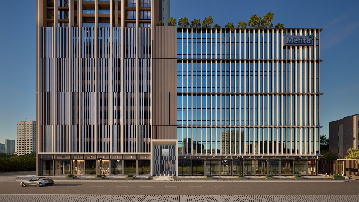 A modern commercial podium featuring premium retail spaces with contemporary design, enhancing the urban lifestyle with seamless accessibility and комфорт commercial infrastructure.
