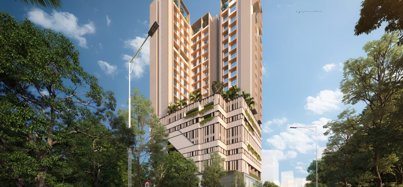 A street-level perspective of the Onyx tower in Surat, capturing its unique multi-level podium with integrated green planters and vertical gardens.