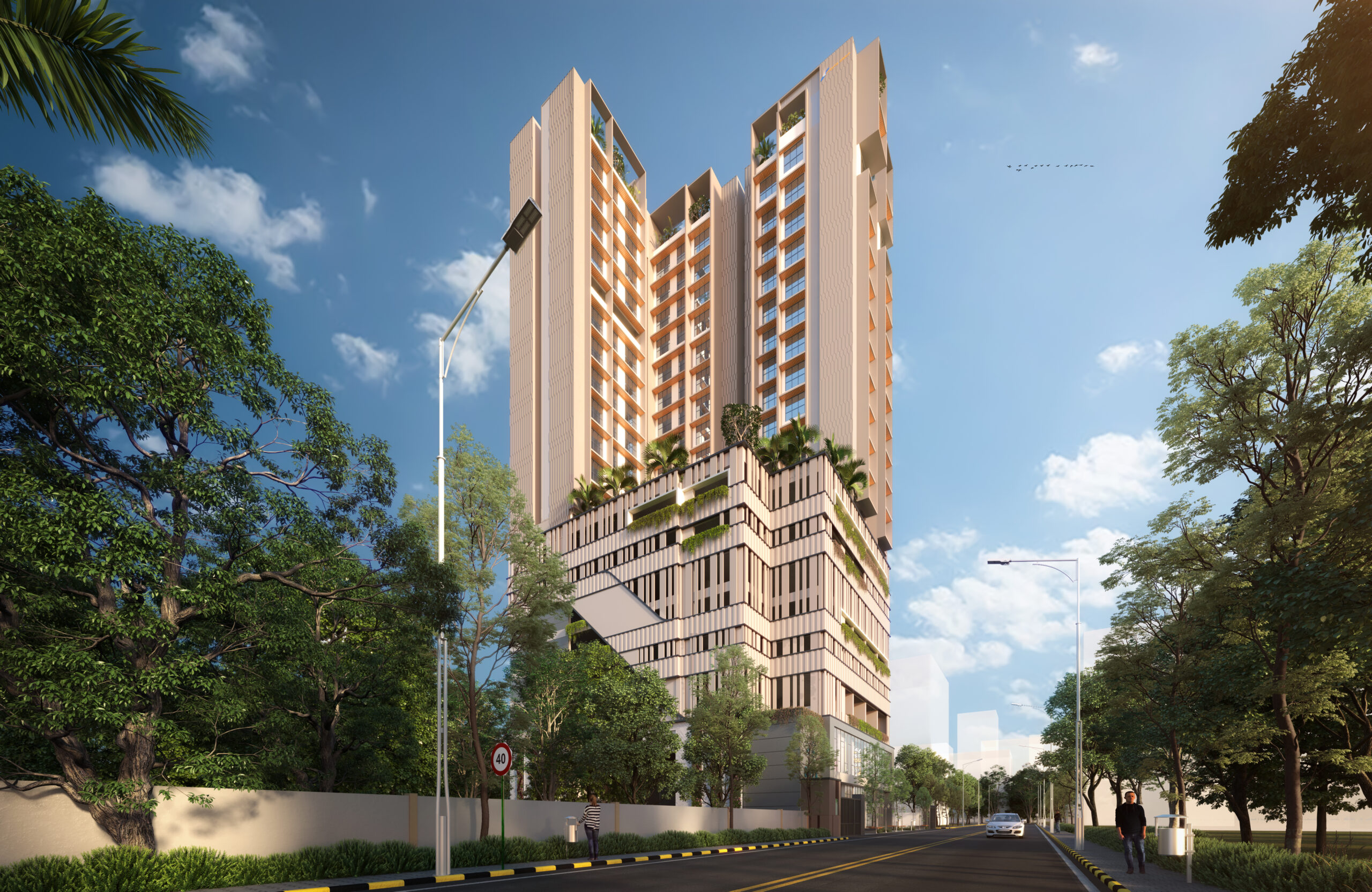 A street-level perspective of the Onyx tower in Surat, capturing its unique multi-level podium with integrated green planters and vertical gardens.
